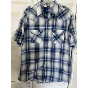 VTG Western Frontier Men's Shirt Blue Plaid Pearl Snap 2 Pocket Short Sleeve LRG
